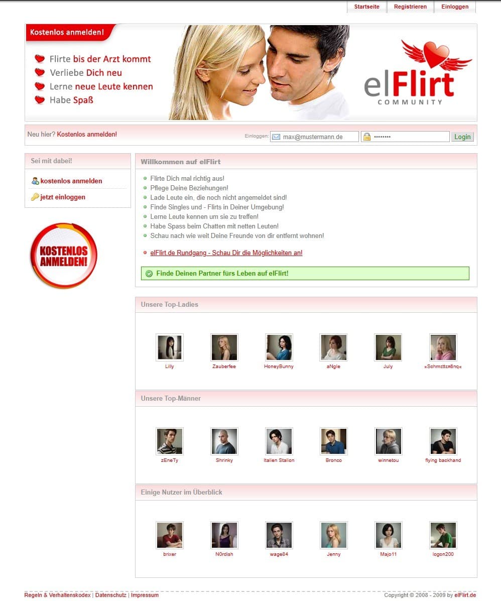 elFlirt Community aus den Anfangsjahren mit klassischem Portal-Layout und zeittypisch rekonstruierten Profilbildern