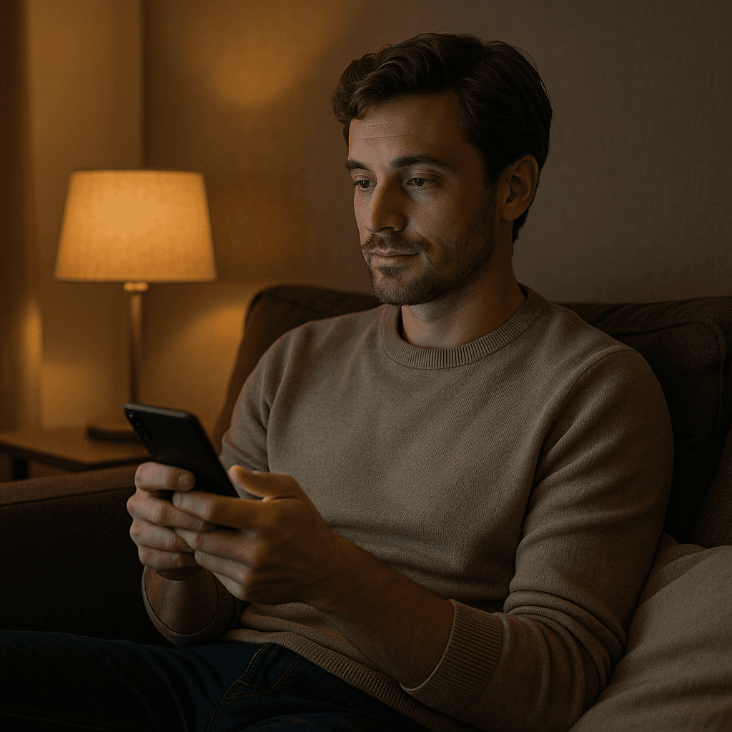 Man sits on a sofa in a dim living room, focused on a smartphone in his hands beside a warm-lit lamp.