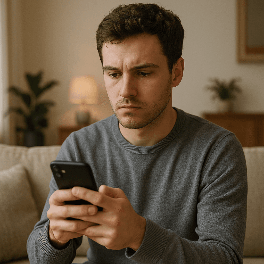Young man in a gray sweater sits on a beige sofa indoors, focused on his smartphone.