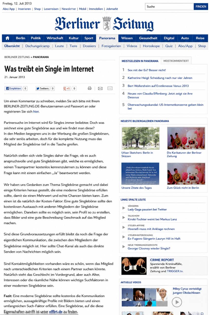 Screenshot des Berliner-Zeitung-Artikels Was treibt ein Single im Internet vom 21. Januar 2013
