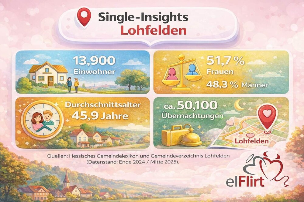 Infografik zu Lohfelden: 13.900 Einwohner, 51,7 Prozent Frauen, Durchschnittsalter 45,9 Jahre und rund 50.100 Übernachtungen
