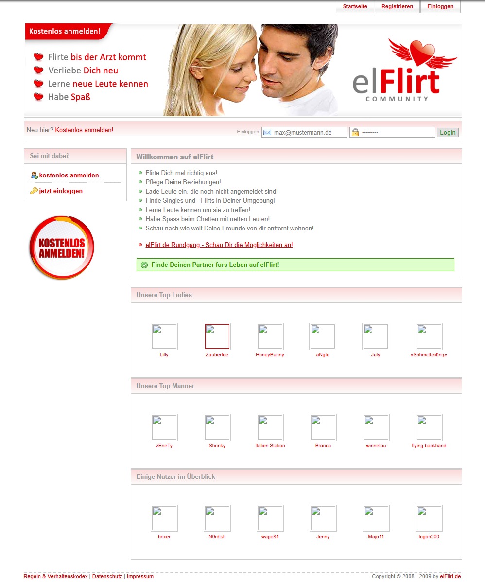 elFlirt Community aus den Anfangsjahren mit klassischem Portal-Layout und Profilboxen