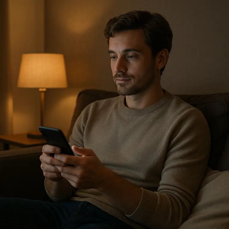 Man sits on a sofa in a dim living room, focused on a smartphone in his hands beside a warm-lit lamp.