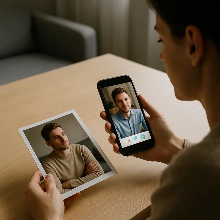 Person holds a printed photo of a man wearing a beige sweater while another man appears on a video call on a smartphone.
