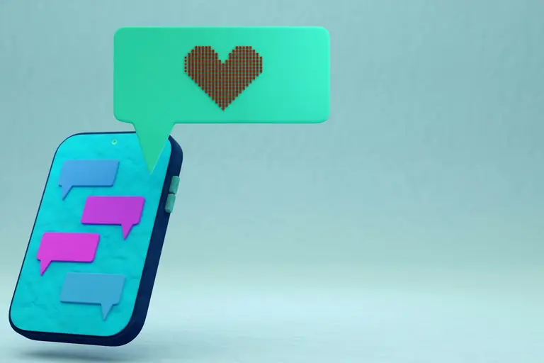 Smartphone mit Chatblasen und einem Herz als Symbol für digitale Flirts