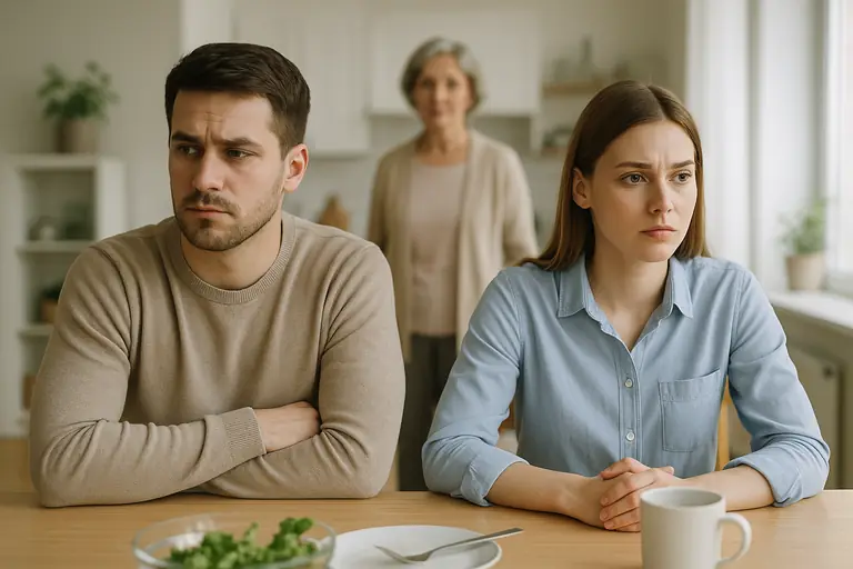 Man and woman sit at a kitchen table with serious expressions, an older woman stands behind them in a doorway.
